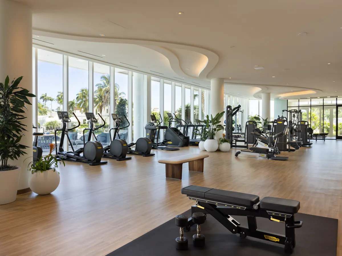 Technogym fitness center with water views