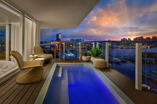 Residence 804 terrace and plunge pool at dusk