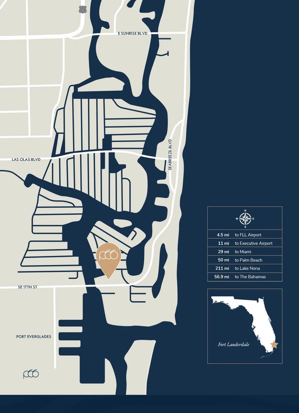 Map of Fort Lauderdale showing Pier Sixty-Six on the Intracoastal near SE 17th Street