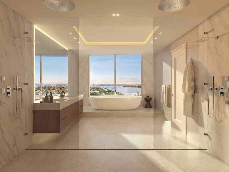 Penthouse primary bath with freestanding tub