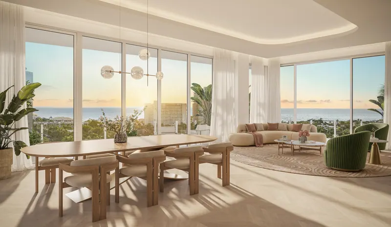 Penthouse great room with dining and ocean views