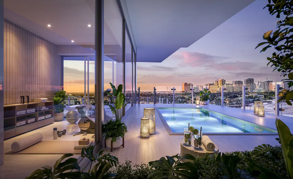 Indigo Penthouse wraparound terrace and plunge pool at dusk
